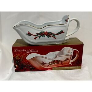 Poinsettia & Ribbons Fine Porcelain Sleigh Shaped Gravy Boat Vintage KMart Rare